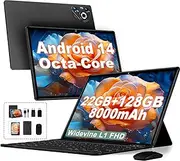 2025 Tablet 10 inch Android 14, 22GB RAM 128GB ROM/TF 1TB, Octa-Core Processor, 8000mAh, Metal Body, Face ID, Dual WiFi, 8MP+5MP, Widevine L1, Eye Protection, Keyboard, Mouse, Black