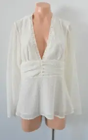 Atmos & Here Anna Chiffon V-neck Ruched Top Womens Size 12 Cream Blouse New