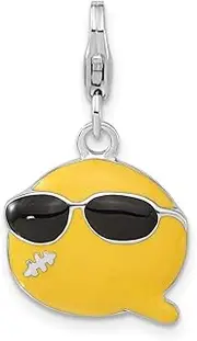 [JewelryWeb] 925 Sterling Silver Fancy Lobster Closure Enameled Smiley Face Teen With Sunglasses W-Lobster Clasp Charm Pendant Necklace 25.5x14.75mm Wide