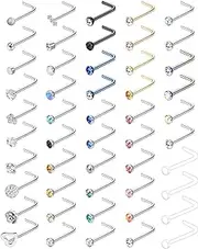 [Kakonia] 50Pcs 18G 20G L Shape Nose Studs Nose Ring Stud Stainless Steel Nose Piercings for Men Women CZ Clear Nose Stud Set L