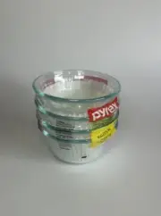 Pyrex 6oz 175ml Custard Cups Small Bowls Scalloped Edge 3 Line Set of 4 New