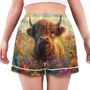 [RPLIFE] Cute Highland Cow Flowers Field Sleep Shorts, Cute Comfortable Shorts for Women Loose Fit, Summer Pajamas