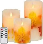Goldprice LED Candle Lights, 3 PCS Flameless Candles Light Warm White Real Wax Battery Operated Electric LED Moving Wick Flickering Maple Leaf Candle Lights with Remote Timer for Decoration Wedding