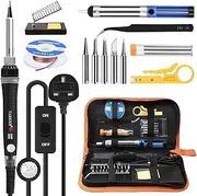 Soldering Iron Kit, TABIGER 60W Welding Tools with Adjustable Temp 200-450°C and ON/Off Switch, 5 Soldering Tips, Desoldering Pump, Solder Wire, Wire Stripper Cutter, Stand, Tool Case