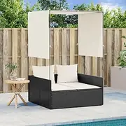 Double Sun Lounger with Roof & Curtains - Black PE Rattan, UV-Resistant Outdoor Daybed with Cream White Cushions, Removable & Washable Covers