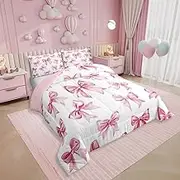 Erosebridal Kawaii Bowknot Girls Bedding Set Dreamy Princess Style Comforter Set Queen for Kids Teen Women,Girly Cute Bow Bedding Comforter Sets Pink Bow Tie Bed Duvet Set 2 Pillow Cases