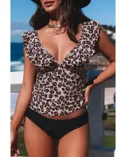 Womens Leopard Print Ruffle Swimsuit Top - Tankinis -Size S
