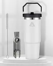 [JOLADA AUSTRALIA] Insulated Water Bottle, Insulated Tumbler with Handle and Straw, Double Walled Coffee Cup, Stainless Steel Water Bottle, Insulated Flask, Large Travel Mug (Snow White, 0.9 Liters)