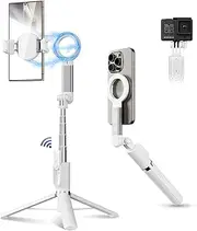 Magnetic Phone Tripod Selfie Stick, 40.9" Extendable Cell Phone Tripod Stand for iPhone 16 15 14 13 12 MagSafe Phone Case with Phone Clamp & Wireless Remote for Selfie Vlogging Video Recording-White