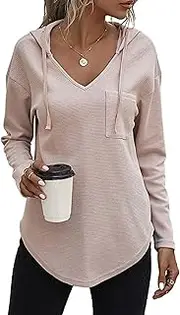[PEXIBROY] Women's V Neck Hoodies Long Sleeve Sweatshirt Drawstring Pullover Women with Pocket Case