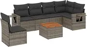 [vidaXL] Garden Sofa Set 7 Piece Gray Poly Rattan with Cushions/Outdoor Modular sectional/Lounge Patio Furniture/Terrace/Backyard Seats/Acacia Tabletop
