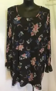 AUTOGRAPH BLACK "FLORAL" ELASTIC SHIRRED SLEEVE MESH TUNIC TOP SZ 24-NEW STOCK!