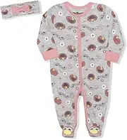 [Sesame Street] Girls Elmo Long Sleeve Footie Romper and Headband Set for Newborn and Infant – Grey