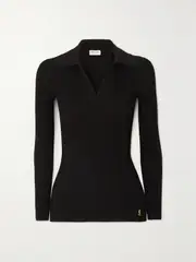 [SAINT LAURENT] SAINT LAURENT - Embellished Ribbed-knit Polo Sweater - Black - M M Black