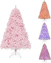 Costway 185CM Flocked Pink Christmas Tree, Hinged Xmas Tree with 808 PVC Branch Tips, 350 LED Lights & 8 Lighting Modes, Pre-Lit Decoration Tree for Home, Office & Carnival, Easy Assembly