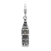 Sterling Silver Amore La Vita Rhodium-Plated Polished 3-D Antiqued Big Ben Charm With Fancy Lobster Clasp