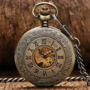 Bronze Roman Numbers Men Women Mechanical Hand Wind Pocket Watch FOB Chain Gift
