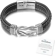 [Gmai] To My Son To My Grandson Bracelet Love You Forever Braided Leather Knot Bracelet Stainless Steel Magnetic Closure Leather Knot Cuff Wristband Fashion Bracelet Gifts for Men