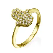 Diamond Hamsa Ring In 14k Yellow Gold Protective Hand of Fatima Jewish Jewelry
