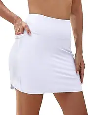 [SHEKINI] Women's Swim Skirt High Waisted Bikini Bottoms Bathing Suit Skirted Built-in Boxer Liner Tummy Control Swimming Skorts with Pockets