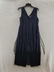 Rebecca Taylor Button Front Midi Bustier Dress Women's Large Navy Solid Pleated