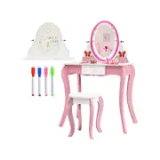 Costway 2-in-1 Kids Vanity Table Stool Set Rotatable Mirror Makeup Table Princess Dressing Table w/Whiteboard/4 Markers/Drawer