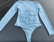 Abercrombie & Fitch Women’s Bodysuit Thong V Neck Shirred Light Blue S NWT