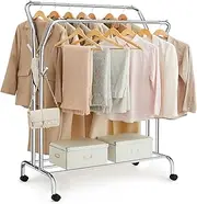 SONGMICS Clothes Rail, Clothes Rack, Double Clothes Hanging Rail, Heavy-Duty Metal Frame, with Wheels and Shelf, 100 kg Total Max. Load, 103.5 cm Wide, Clothing Storage, Silver HSR107E01