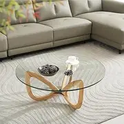 [Marco Furniture] Gucci Round Glass Coffee Table - Nordic Naturals 12 mm Transparent Tempered Glass Coffee Table Decor - Solid Ashwood Mid Century Style Modern Coffee Tables for Living Room Furniture