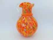 Orange Millefiori Pitcher Vase , New in Box, Murano Style Heavy Art Glass Vase