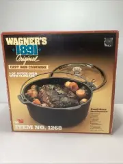 NEW Vintage Wagner ’s 1891 Cast Iron 5 Qt Dutch Oven 1268. Pyrex Glass Lid. NOS