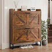 Wooden Shoe Storage Cabinet, Shoe Storage Cabinet with 2 Flip Drawers, Hidden Shoe Rack Storage Organizer, Freestanding Organizer with Metal Legs for Entryway, Narrow Shoe Rack Cabinet, Brown