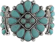 [Cykdohy] Turquoise Flower Stretch Bangle Bracelet for Women Wide Vintage Antique Silver Boho Western Natural Stone Engraved Wrap Cluster Statement Cuff Bracelets Bohemian Retro Ethnic Summer Beach Jewelry