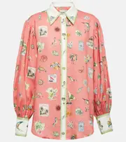 [Alemais] Alémais Puff-sleeve printed linen shirt UK 8 pink
