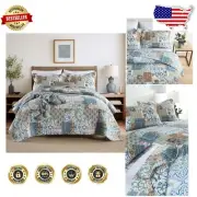 Elegant King Cotton Quilt Set with Bohemian Floral Patchwork - 3 Pieces