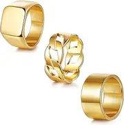 [YOVORO] 3Pcs Stainless Steel Signet Rings Chunky Wide Band Ring for Men Women Cuban Link Chain Rings Fashion Matte Finish Plain Ring Comfort Fit Size 7-13