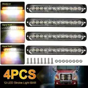 4PCS Amber/White 12 LED Car Truck Strobe Light Bar Flashing Warning Hazard Lamps