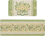 Spring Summer Daisy Kitchen Mats Set of 2 Non Slip Flowers Kitchen Rugs Spring Summer Home Decor Low-Profile Washable Floor Mat 17x47 Inch and 17x29 Inch