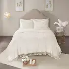 NEW! ~ COZY ULTRA SOFT VINTAGE IVORY WHITE CHENILLE SHABBY FRINGE CHIC QUILT SET
