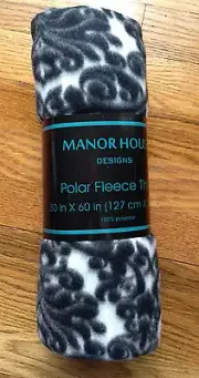 Manor House Polar Fleece 50" x 60" White/Black Paisley Print FLEECE THROW New