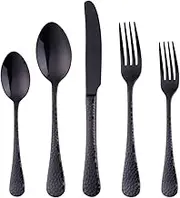 Bisda Silverware Set, 20 Piece Premium 18/8 Stainless Steel Hammered Kitchen Utensil Flatware Cutlery Sets of 4, Mirror Polish, Dishwasher Safe Fine 20-Black