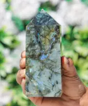 Large 150MM Green Labradorite Stone Chakra Metaphysical 4F obelisk point Tower