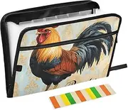 Quteprint 13 Pockets Expanding File Folder with Zipper Closure, Vintage Rooster Accordion File Folder with Sticky Labels, Letter Size A4 Papers Expandable File Document Organizer