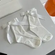Ribbon Back Plain Socks White - One Size