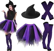 [Ibeauti] Halloween Witch Costumes for Women Girls Gothic Cosplay Witch Hat Tutu Skirt Striped Knee High Socks Arm Warmers Set