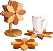 Decorative Wooden Trivet Set, Windmill Flower Design, 5 Pieces with Stand, Trivets for Hot Pots and Pans, Foldable Artisanal Wooden Coasters trivets Set