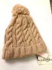 VS For Love & Lemons Winter Knitted Beanie Hat with Pom Pom for Women Light Tan