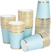 Geeklife Blue Gold Paper Party Cups with Metallic Gold Border, Disposable Decorative Paper Cups Bulk 9oz for Wedding,Baby Shower and Cocktail,40 pcs