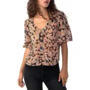 Sanctuary Women's Harvest Puff Sleeve V-Neck Button Front Blouse Top Size S