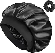 FOLAI 1 x Satin Bonnet Night Sleep Double for Curly Hair, Breathable, Adjustable Sleep Cap with Elastic Band for Attaching to the Head for Women and Girls
